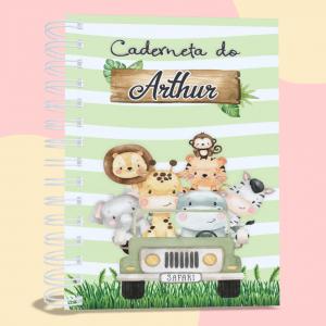 Caderneta de Vacinação Personalizada Safari Capa Dura - Miolo Sulfite 90g A5 (15x20cm) 4x4 Laminação Holográfica caquinhos Encadernado Wire-o Branco Elástico e Tassel