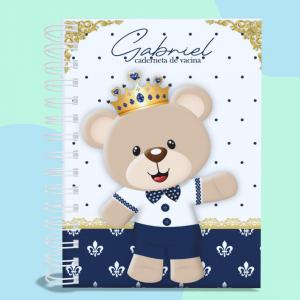 Caderneta de Vacinação Personalizada Urso Realeza Capa Dura - Miolo Sulfite 90g A5 (15x20cm) 4x4 Laminação Holográfica caquinhos Encadernado Wire-o Branco Elástico e Tassel