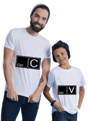 Kit Camiseta Pai e Filho - Ctrl C Ctrl V - mod 04SC Tecido 100% Poliéster - Anti-pilling Estampa Colorida A3 - Estampa A4  Sublimação  Escolha os tamanhos e monte seu kit